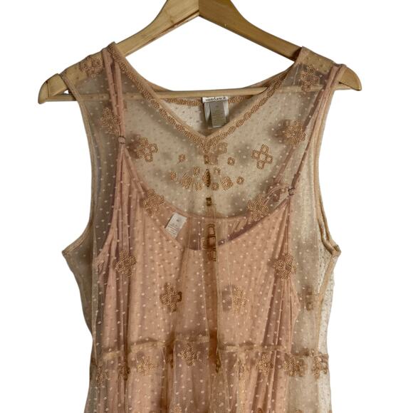 Sundance Nude Embroidered Chiffon Mesh Swiss Dot Slip Midi Dress Size Medium - Picture 2 of 11
